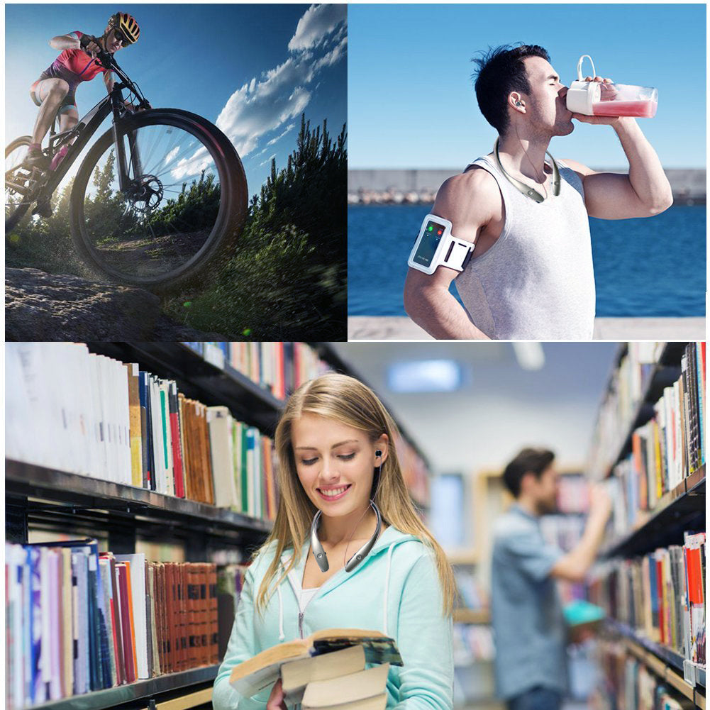 Tone Infinum Hbs-910Neckband Bluetooth Headset, Bluetooth Headset with Retractable Earbuds for Running/Sports Water-Proof Sweat-Proof Noise Canceling Wireless Earbuds for iPhone LG Android ( Silver )