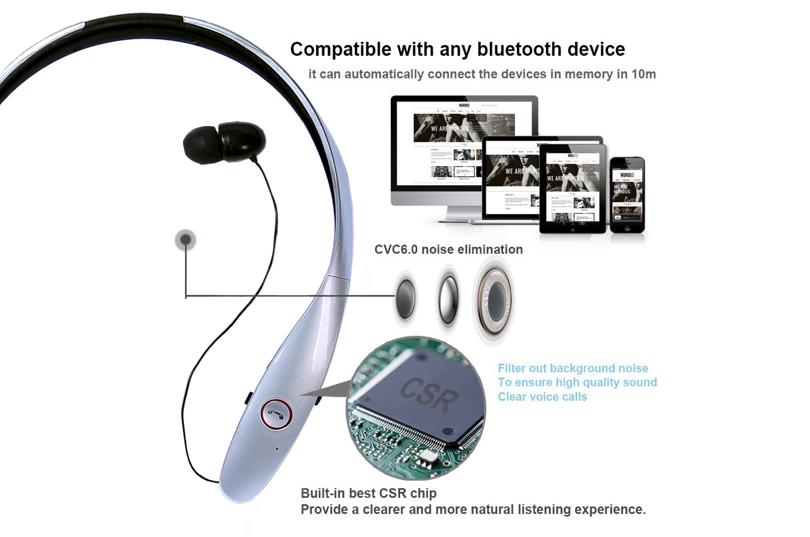 Tone Infinum Hbs-900Neckband Bluetooth Headset, Headphones with Retractable Earbuds for Running/Sports Noise Canceling Wireless Earbuds